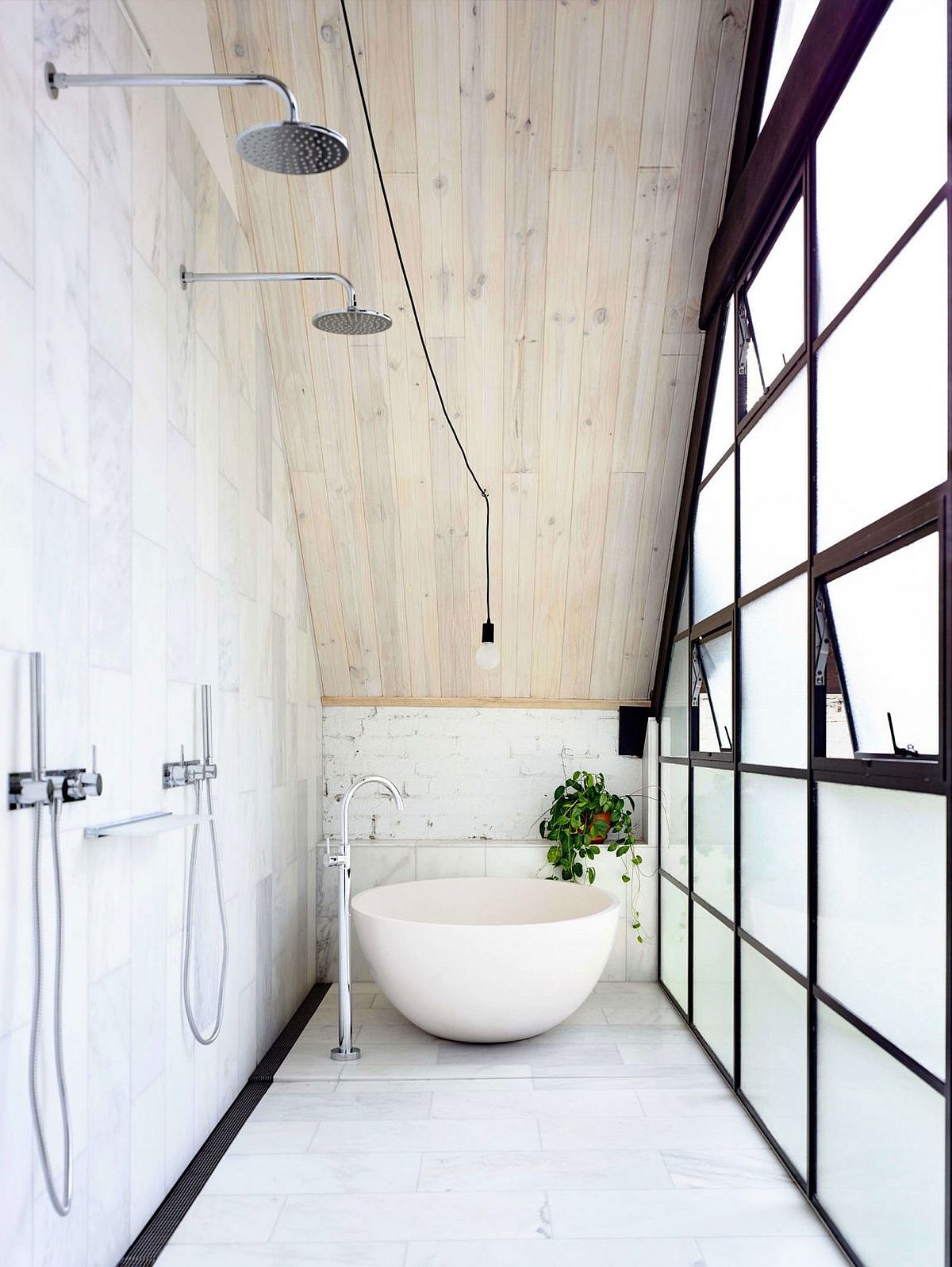 Narrow bathroom design with industrial style in white