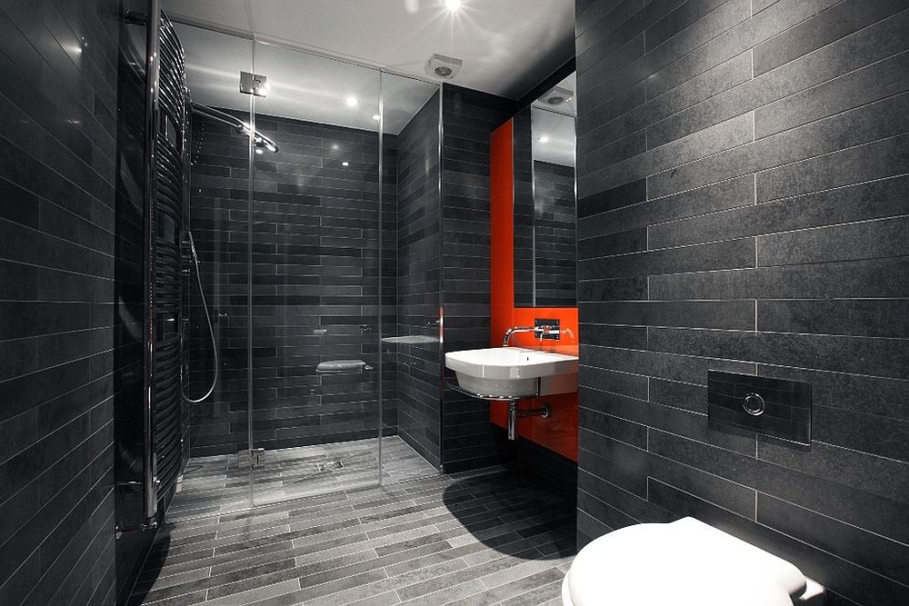 Trendy Bathrooms  that Combine Gray  and Color in 