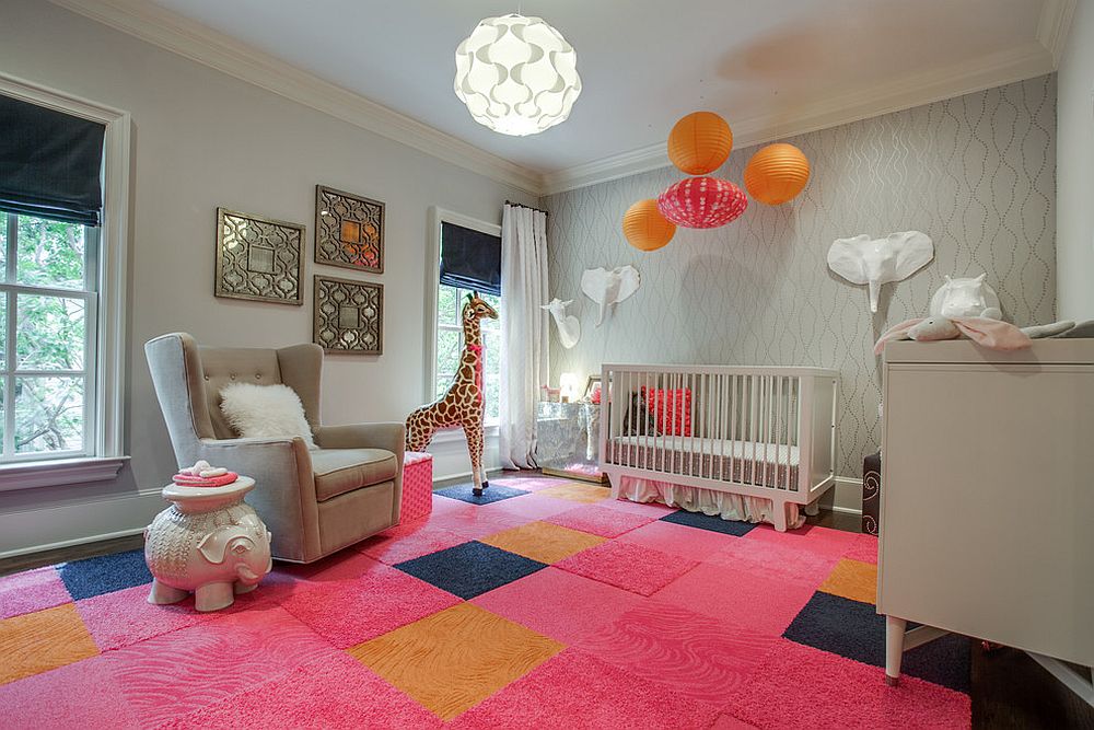 Rug tiles from FLOR enliven the nursery with a cheerful splash of pink