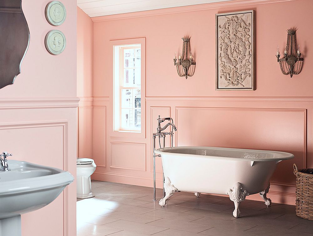 Sensational bathroom in soft grey and pastel pink with an air of femininity