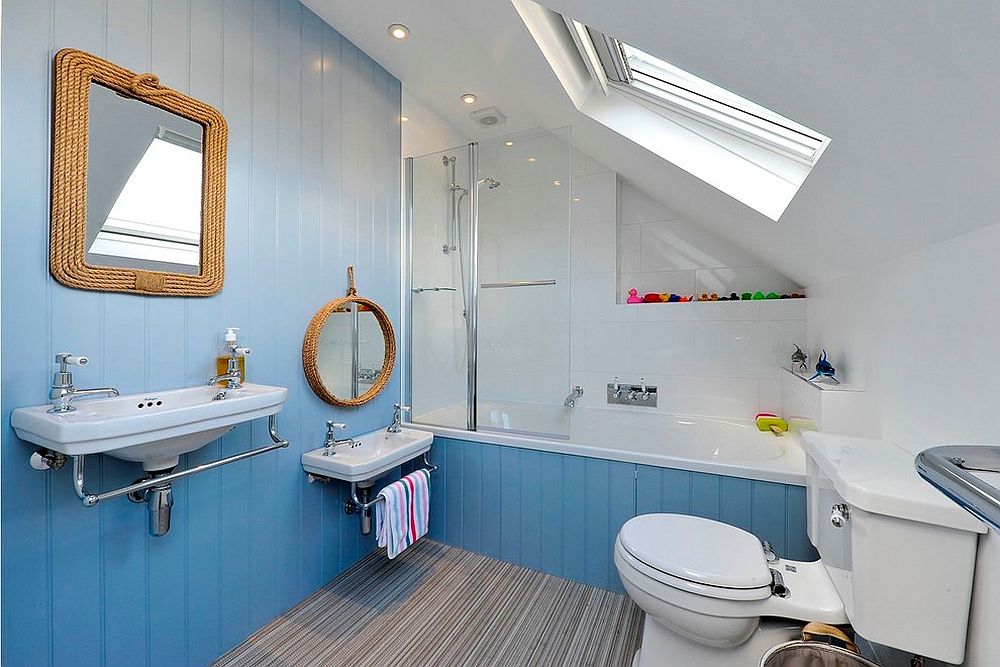 Small beach style bathroom in blue with a hint of gray [Design: PVA Developments]