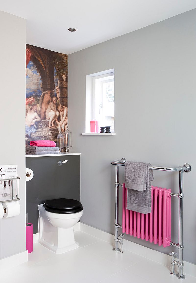 Small transitional bathroom in gray with pink accents [Design: Armstrong Keyworth]