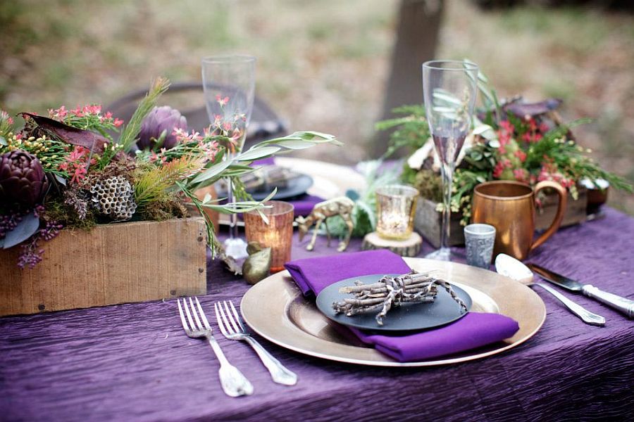 Stunning outdoor Thanksgiving table with a splash of purple