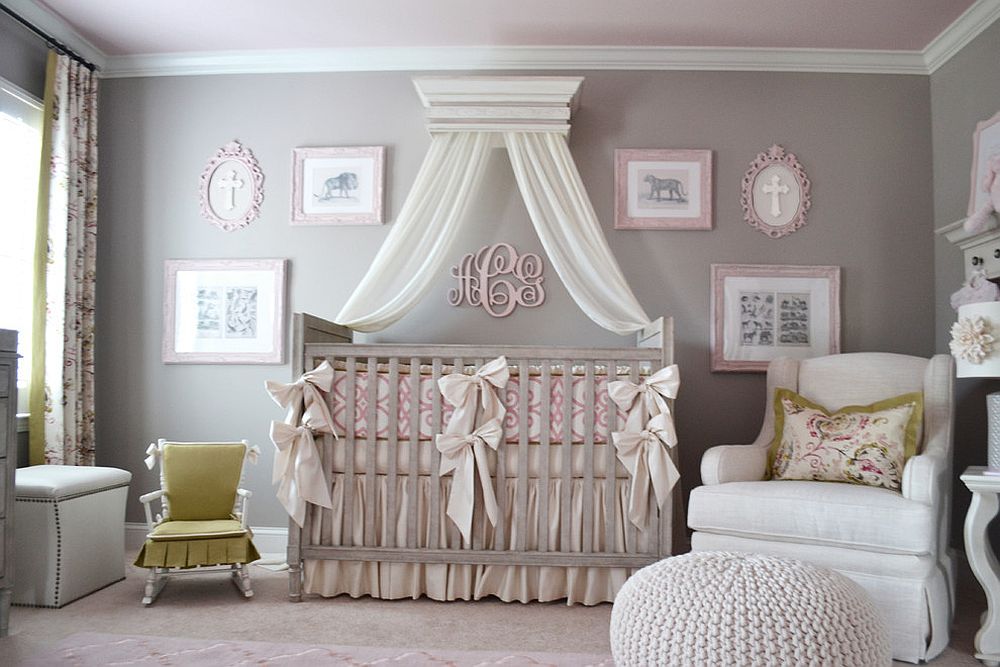 Subtle presence of pastel pink turns the gray room into a gorgeous girls' nursery [Design: Modern Antiquity]