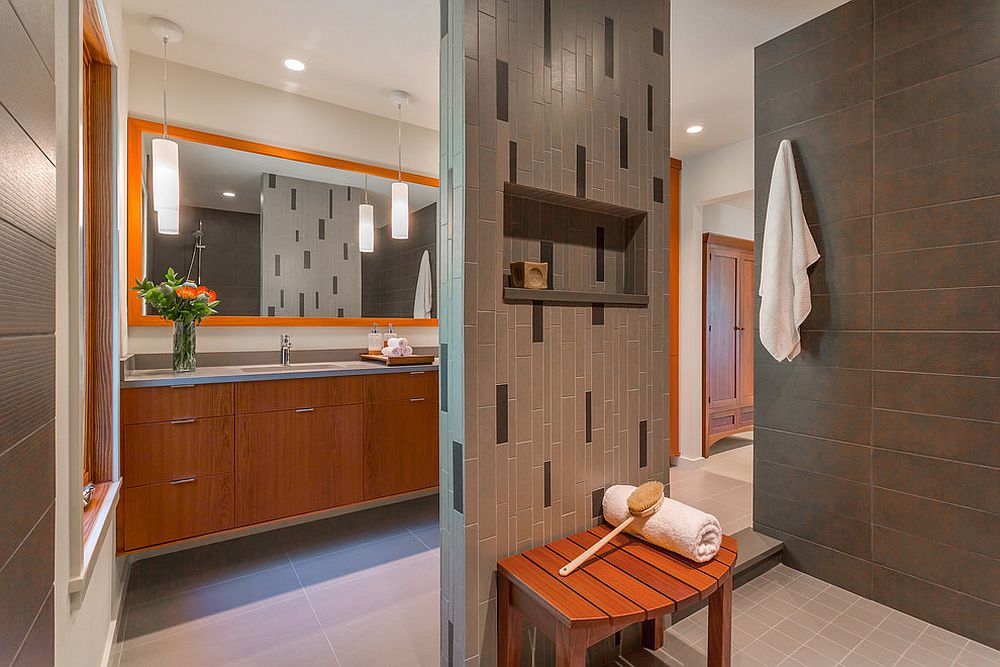 Subtle use of orange in the gray bathroom can make a big difference [From: Bristol Design and Construction / Holland Photography]