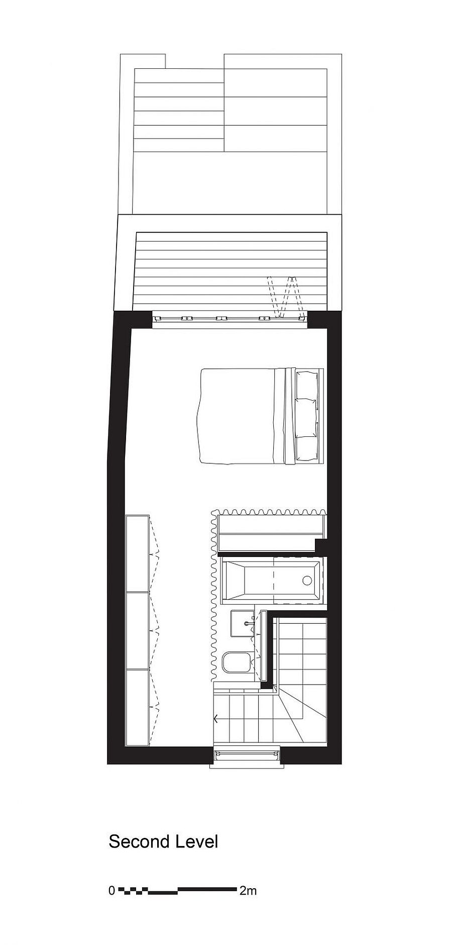 Top level floor plan with master bedroom and balcony