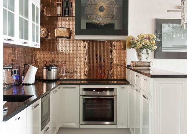 Transitional Kitchen In White With A Shiny Copper Backsplash 650x467 