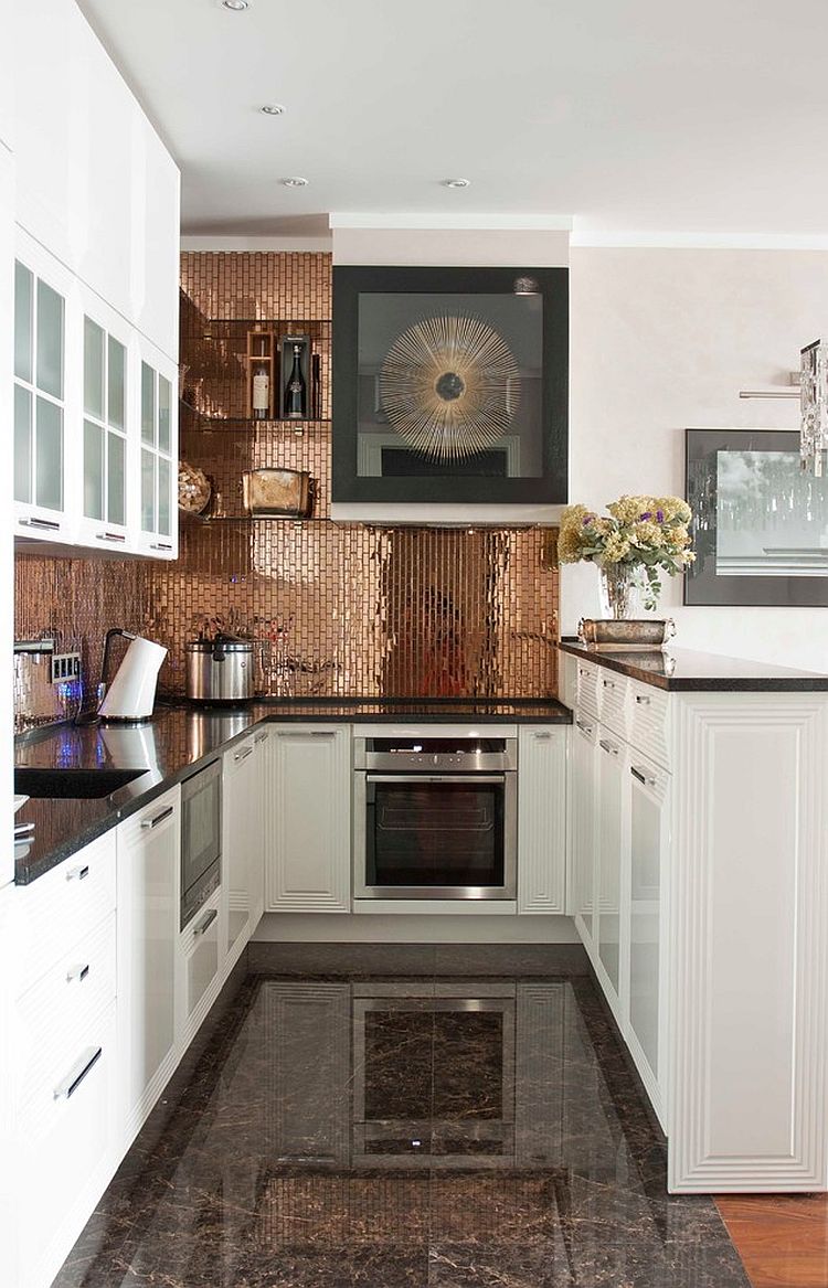 Transitional kitchen in white with a shiny copper backsplash