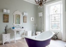 Victorian style bathroom with fabulous bright standalone bathtub 217x155 Trendy Bathrooms that Combine Gray and Color in Sensational Style!