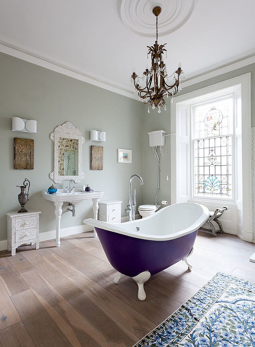 Victorian style bathroom with fabulous, bright standalone bathtub [Design: Cotterell & Co]