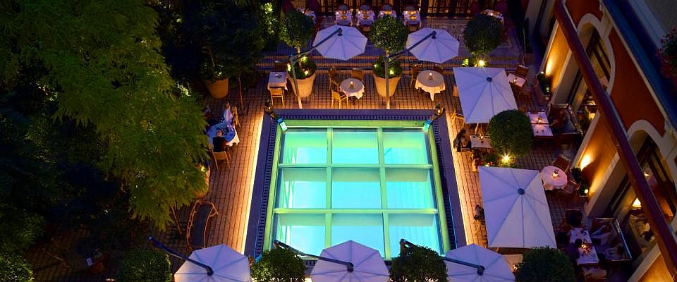 A view of the terrace at night