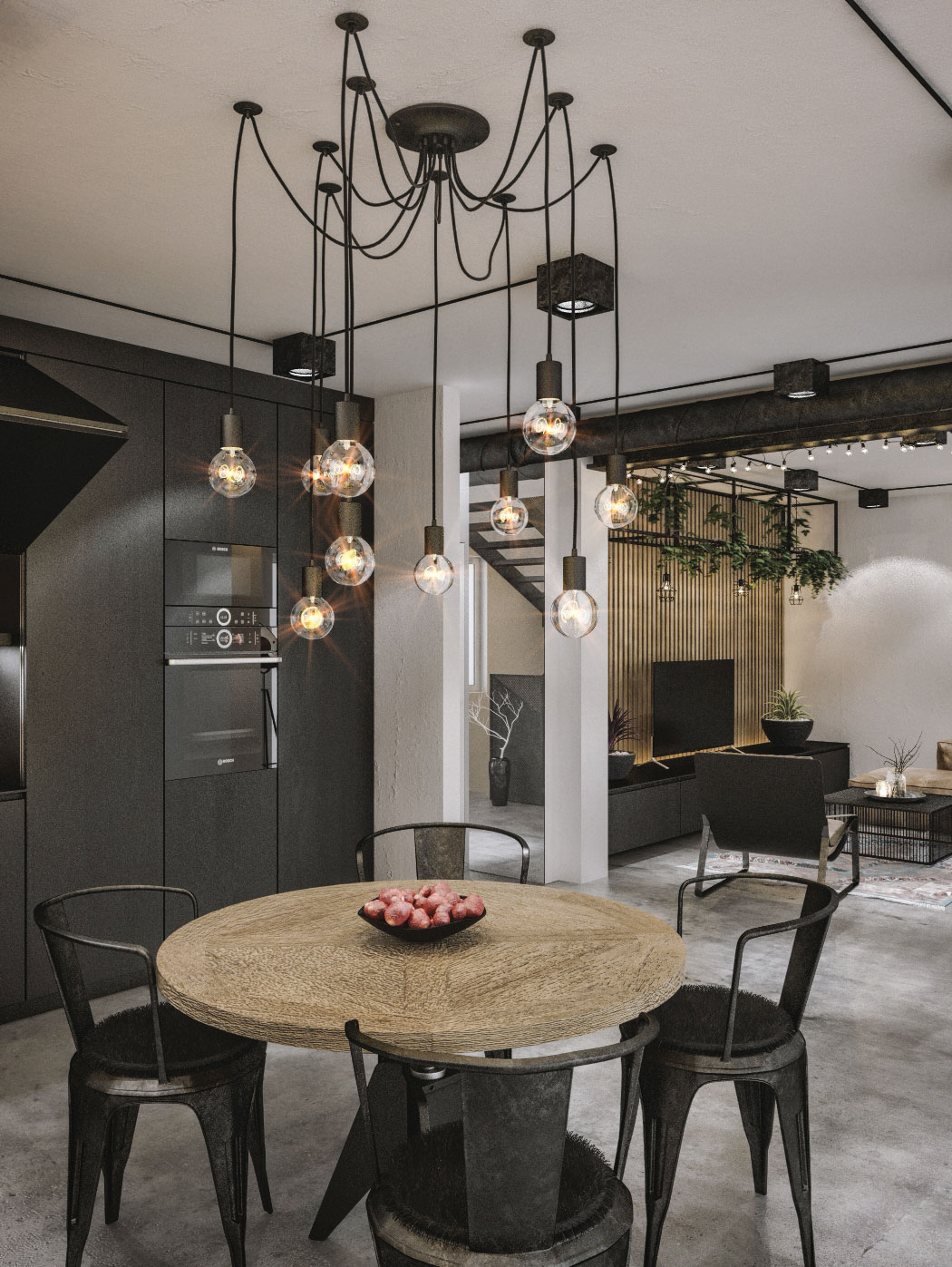 Black becomes the color of choice inside the industrial kitchen and dining area