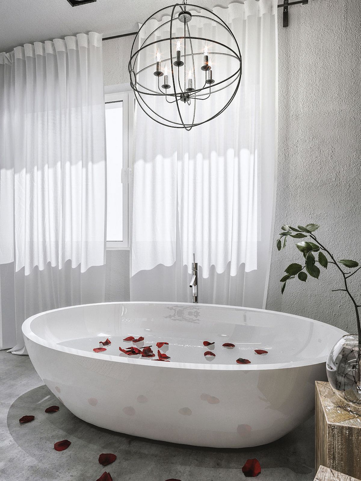 Candles and globes make a cool pendant above the luxurious bathtub