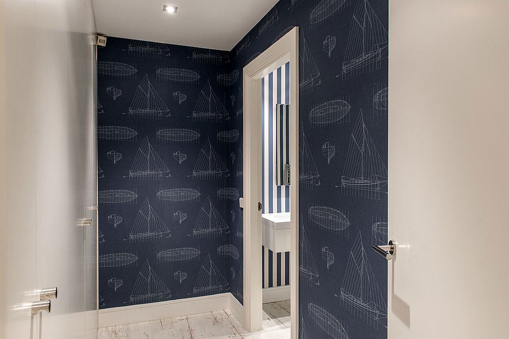 Contemporary bathroom in white and blue with nautical style