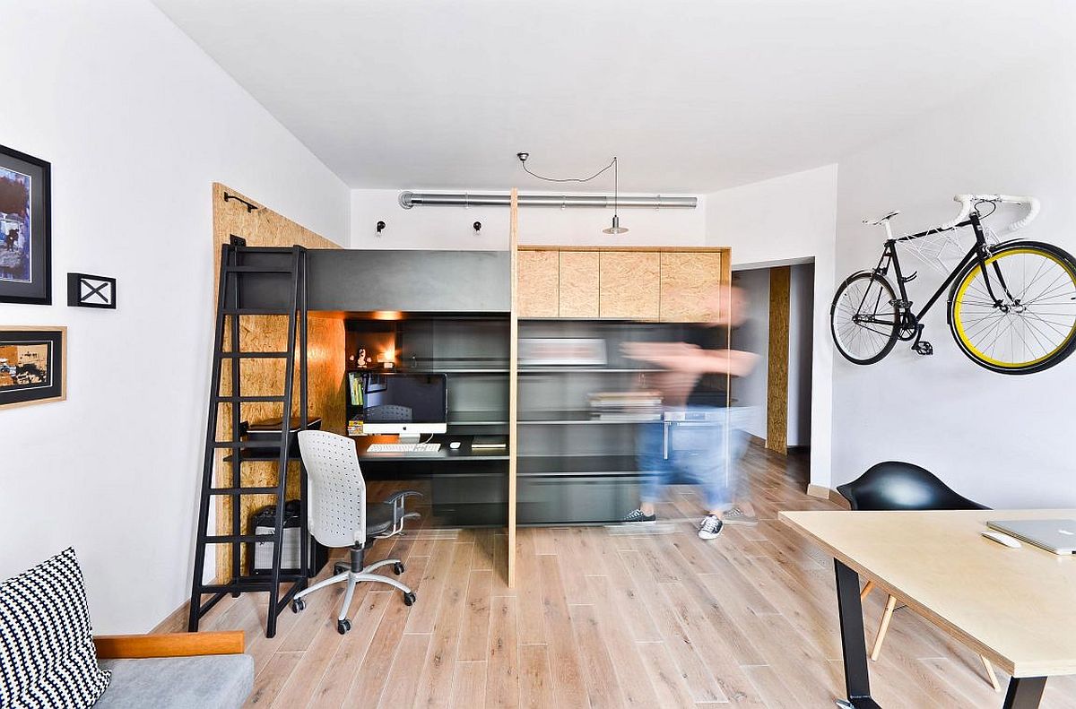 Custom crafted box in the apartment contains workspace, loft bed, kitchen and storage space