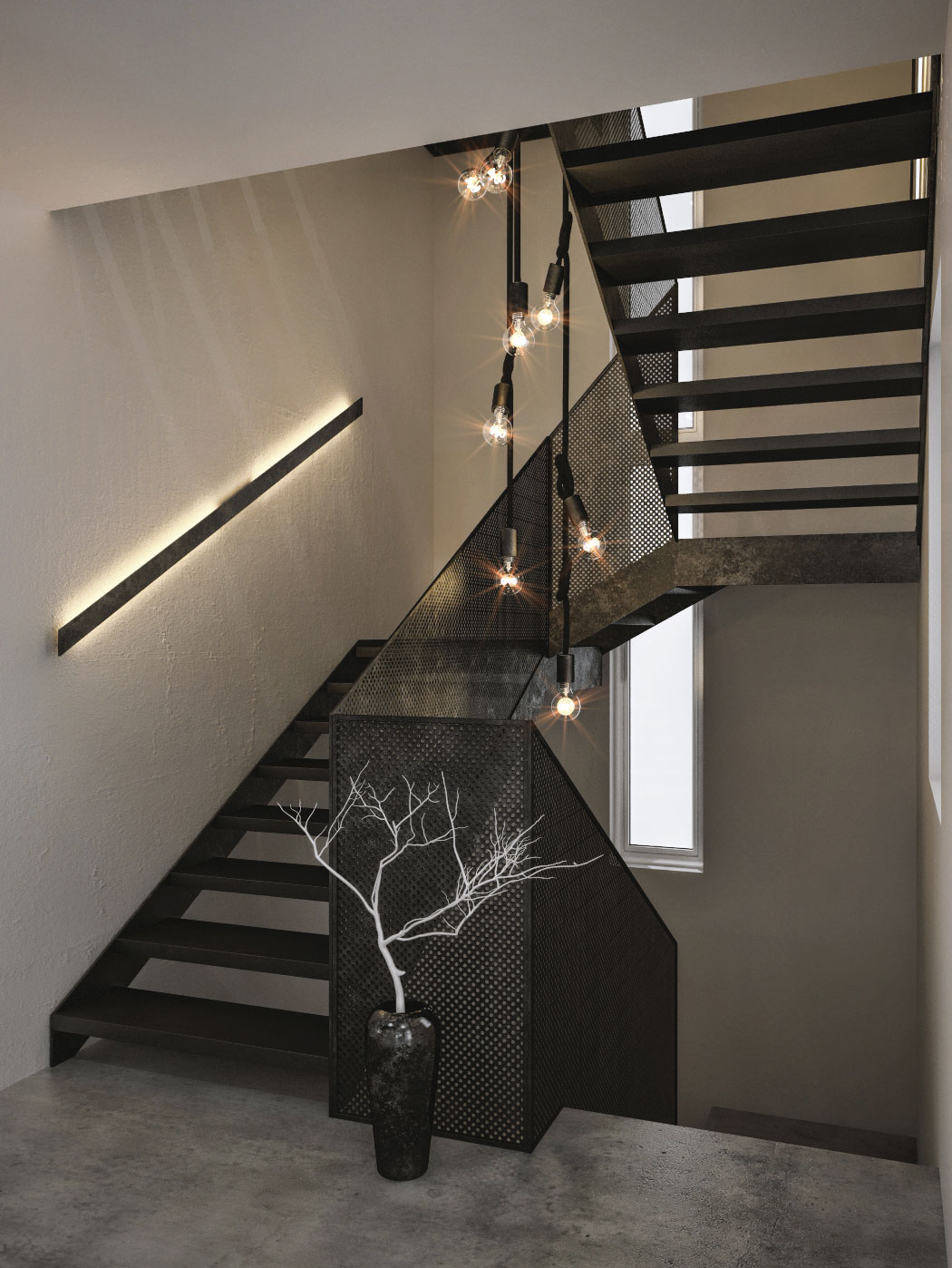 Elegant Edison bulb lighting for the stairway coupled with LED strips