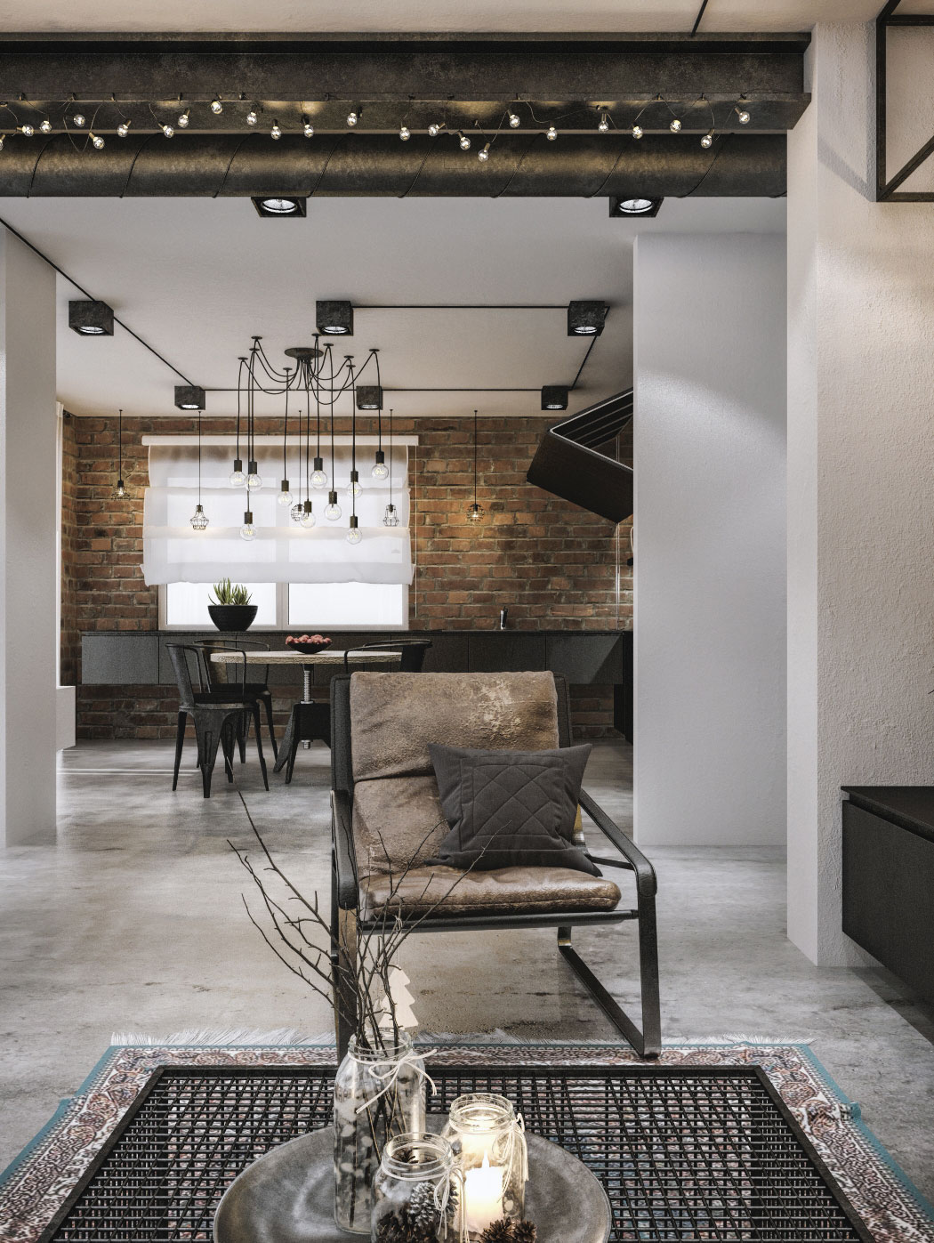 Exposed brick walls and Edison bulb lighting for the industrial dining room