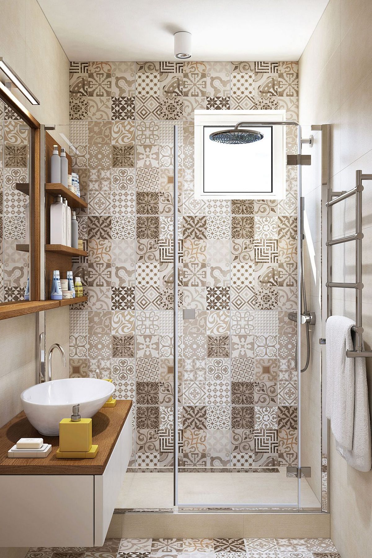 Fabulous use of tiles brings pattern to the small bathroom