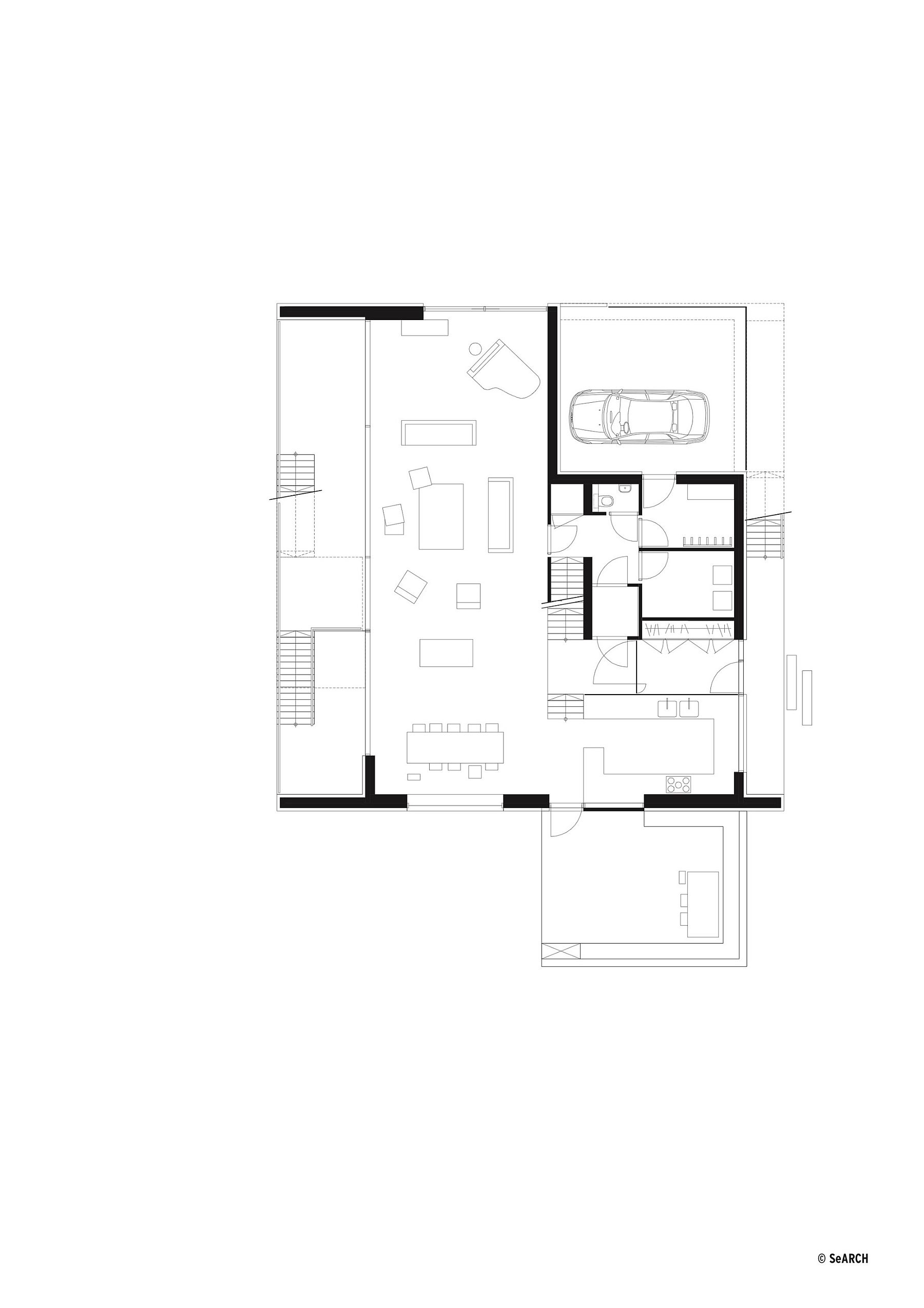 Floor plan of living area and parking zone