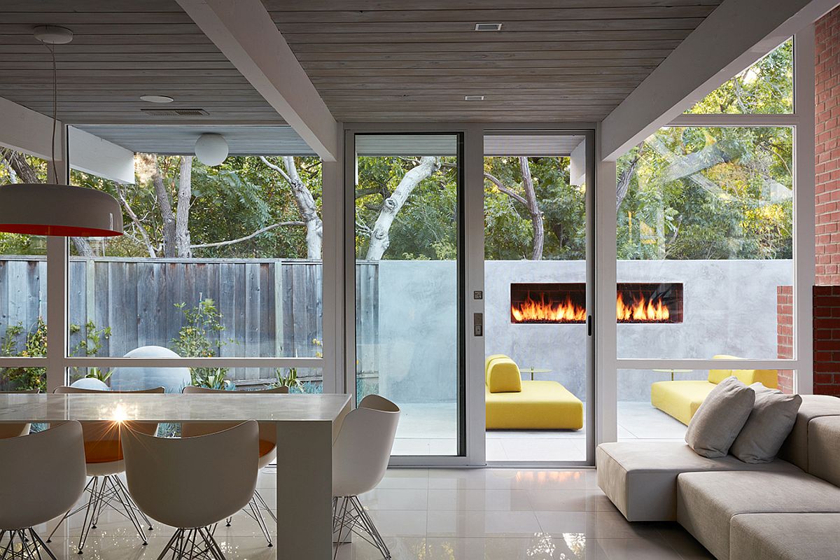 Gorgeous outdoor fireplace becomes a part of the interior