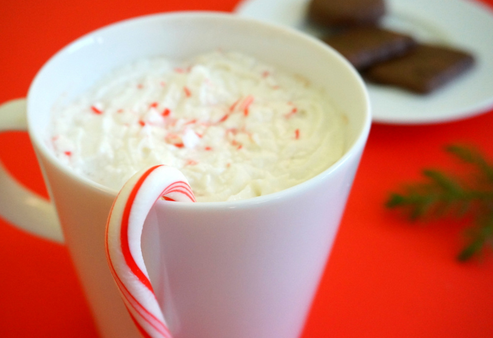 Hot chocolate topped with whipped cream and peppermint