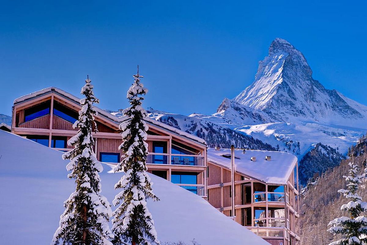 Hotel Matterhorn Focus nestled among snow-clad alps