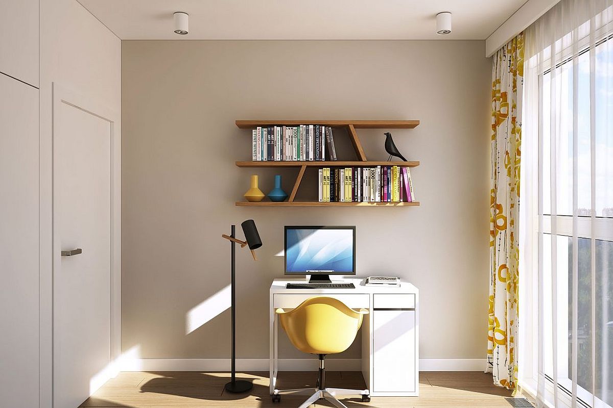 Light-filled and ergonomic modern workspace with floating shelves