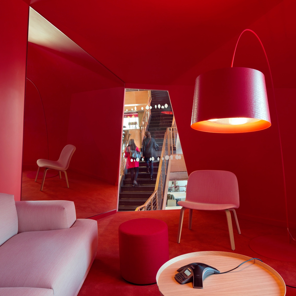 Red on red in this Manhattan office by Clive Wilkinson Architects.