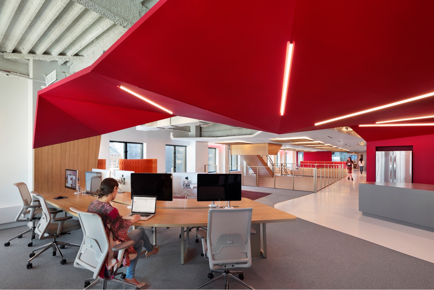 Red ceiling in Manhattan office by Clive Wilkinson Architects.