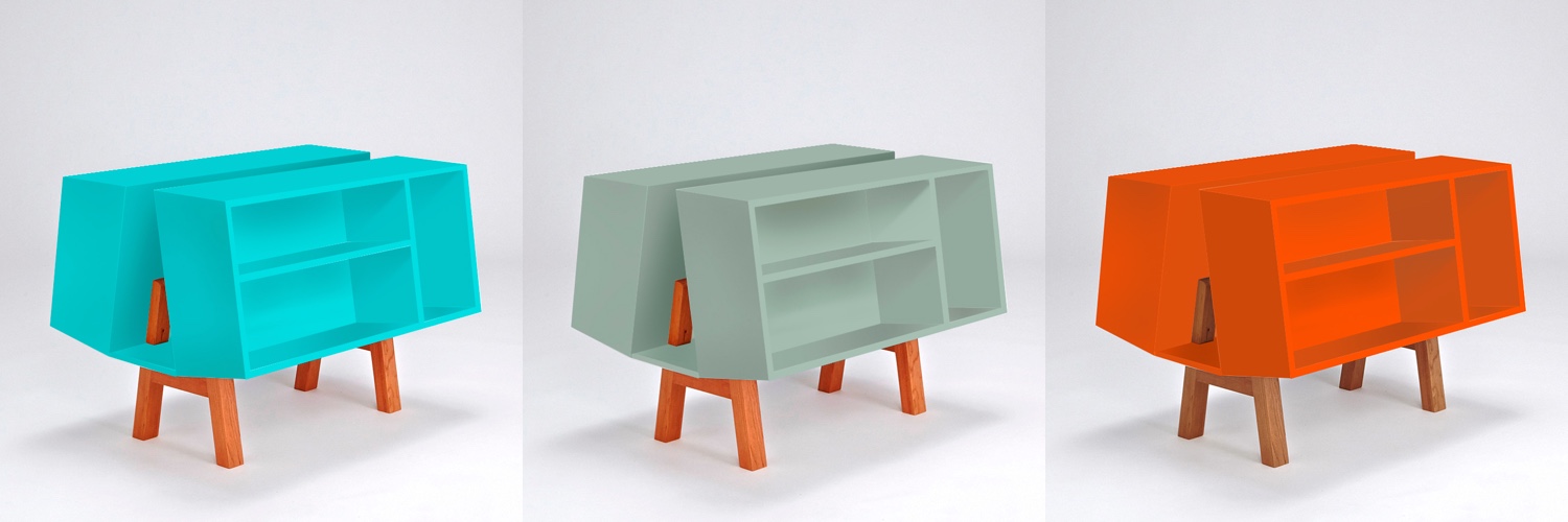 The Isokon Penguin Donkey Mark 2 in limited edition colours. L to R: Pantone 318c (turquoise), 5655c (moss green) and 021c (orange).