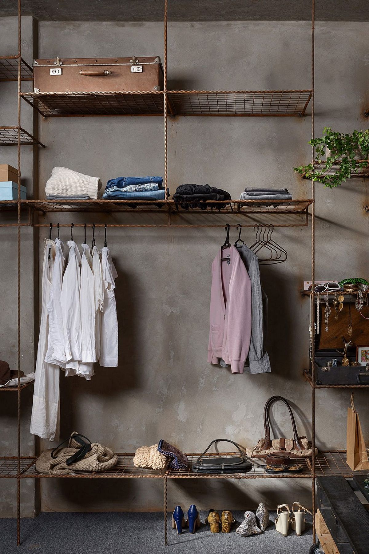 Metallic frame and iron rods create a cool, industrial wardrobe