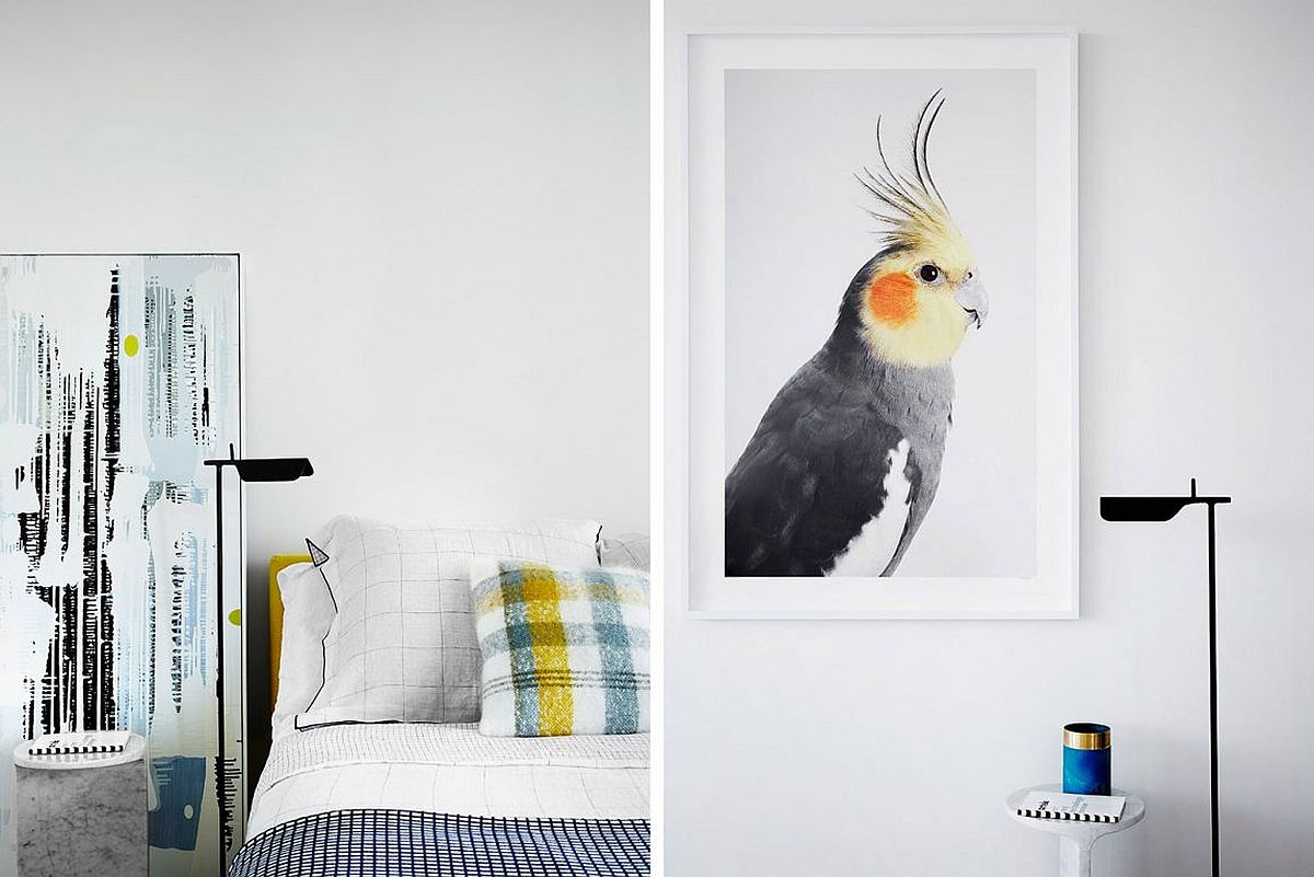 Pops of blue and yellow revitalize bedroom in white