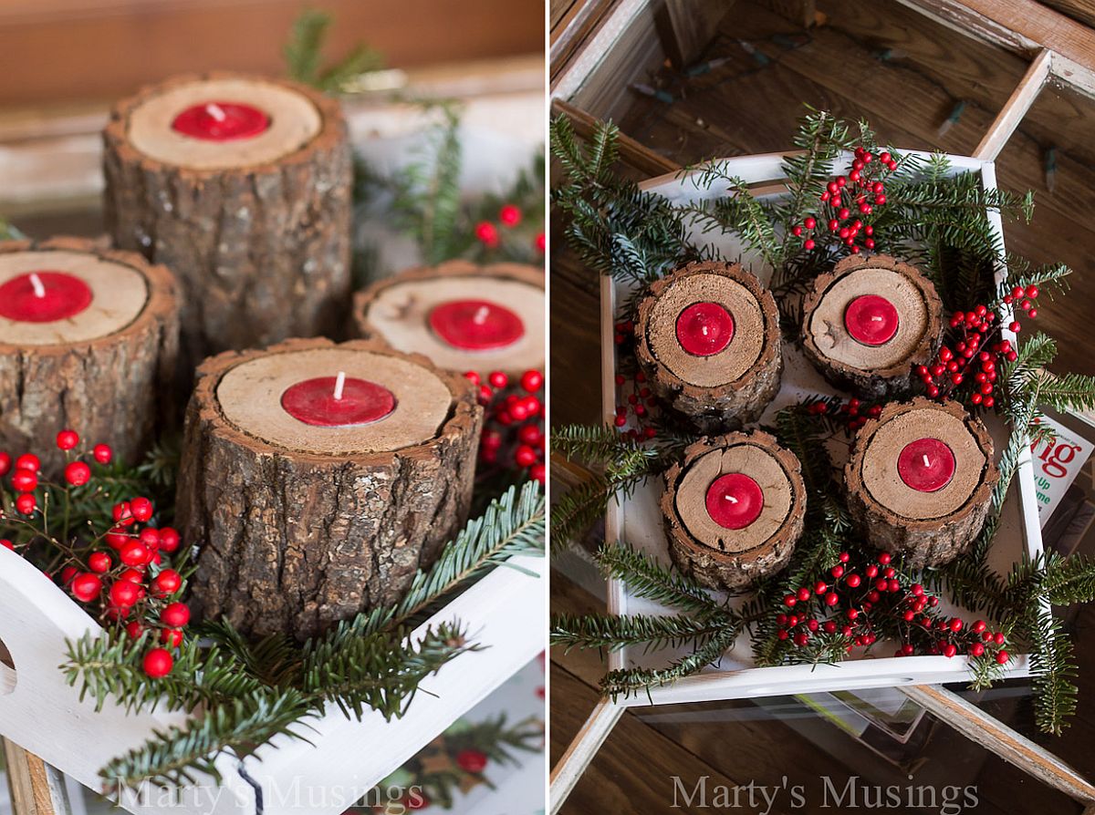Rustic wood candle holders with festive style