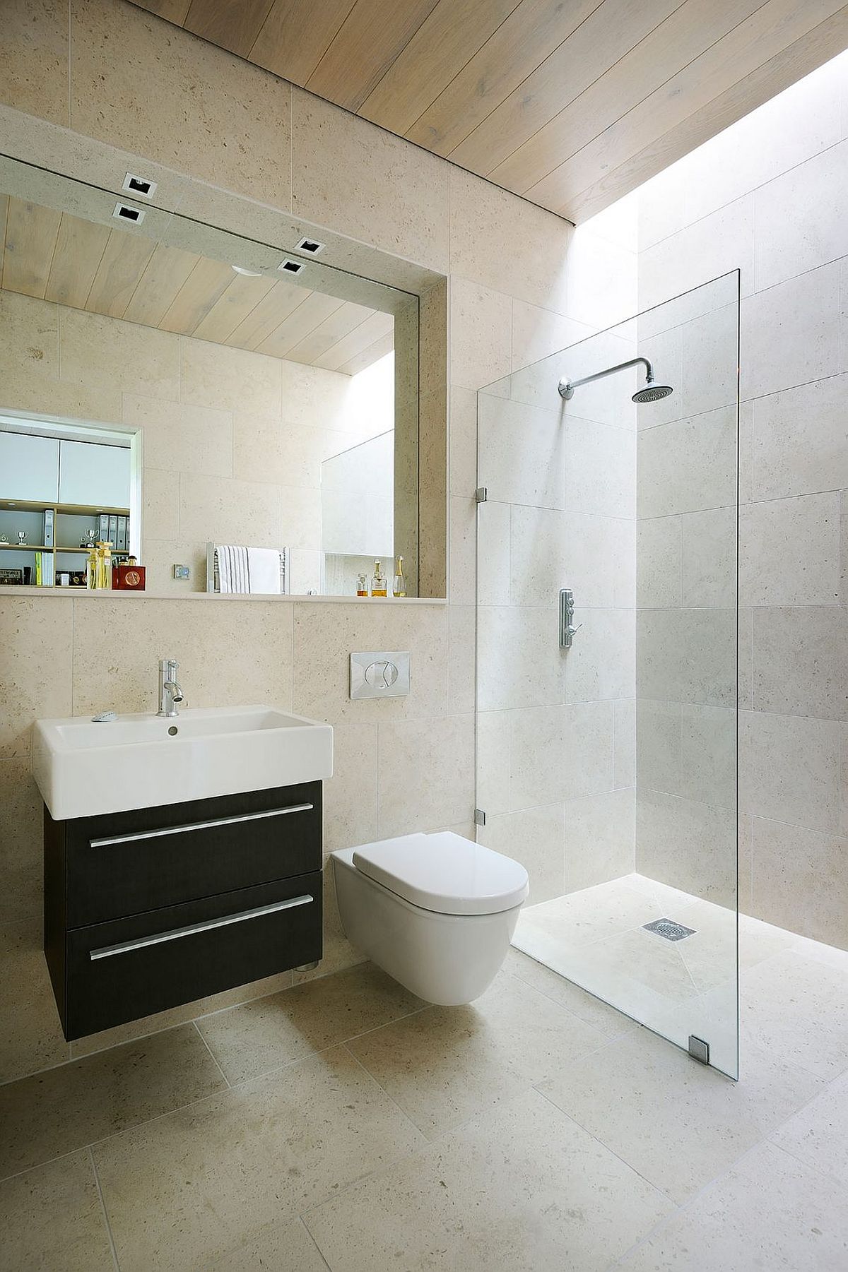 Small floating vanity and corner glass shower area for contemporary bathroom