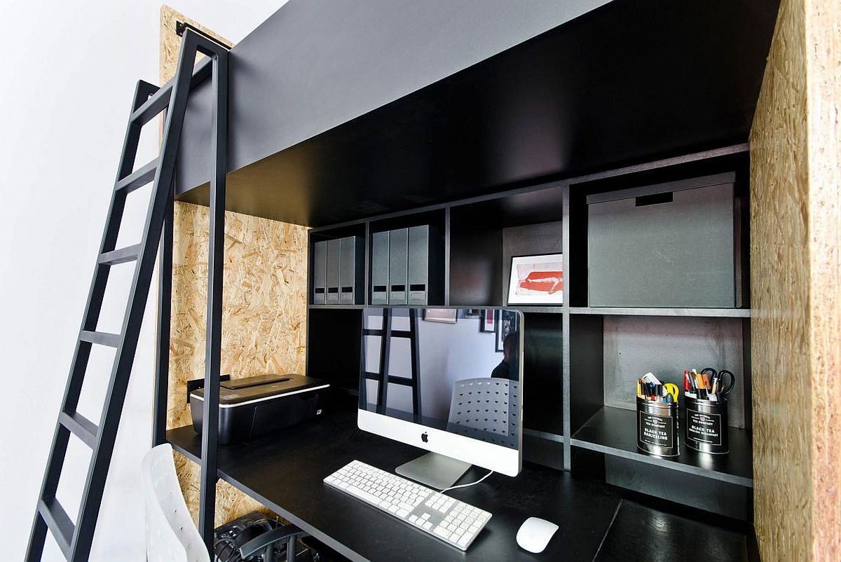 Smart home workstation design with shelf space and loft bed above