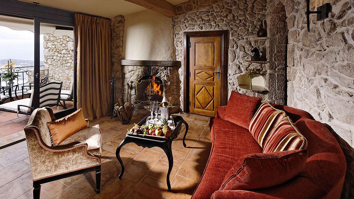 Stone fireplace and walls of the old Chateau take you back in time