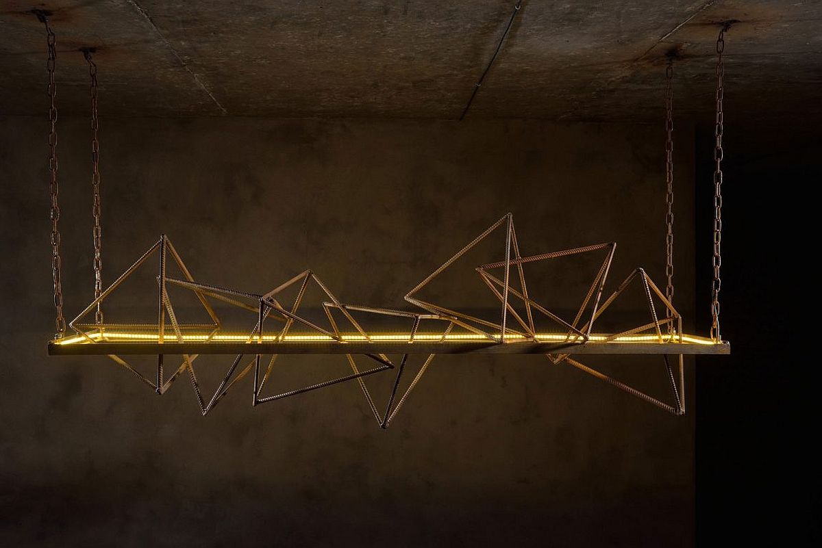 Triangular and pyramidal shapes create a stunning lighting fixture