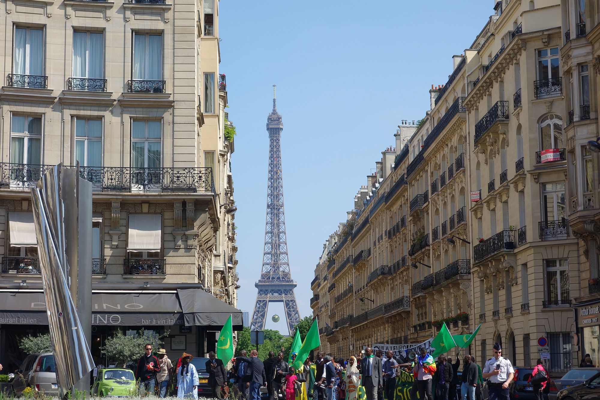 View of the Eiffel Tower from the sidewalk of Radisson Blu Champs-Elysées