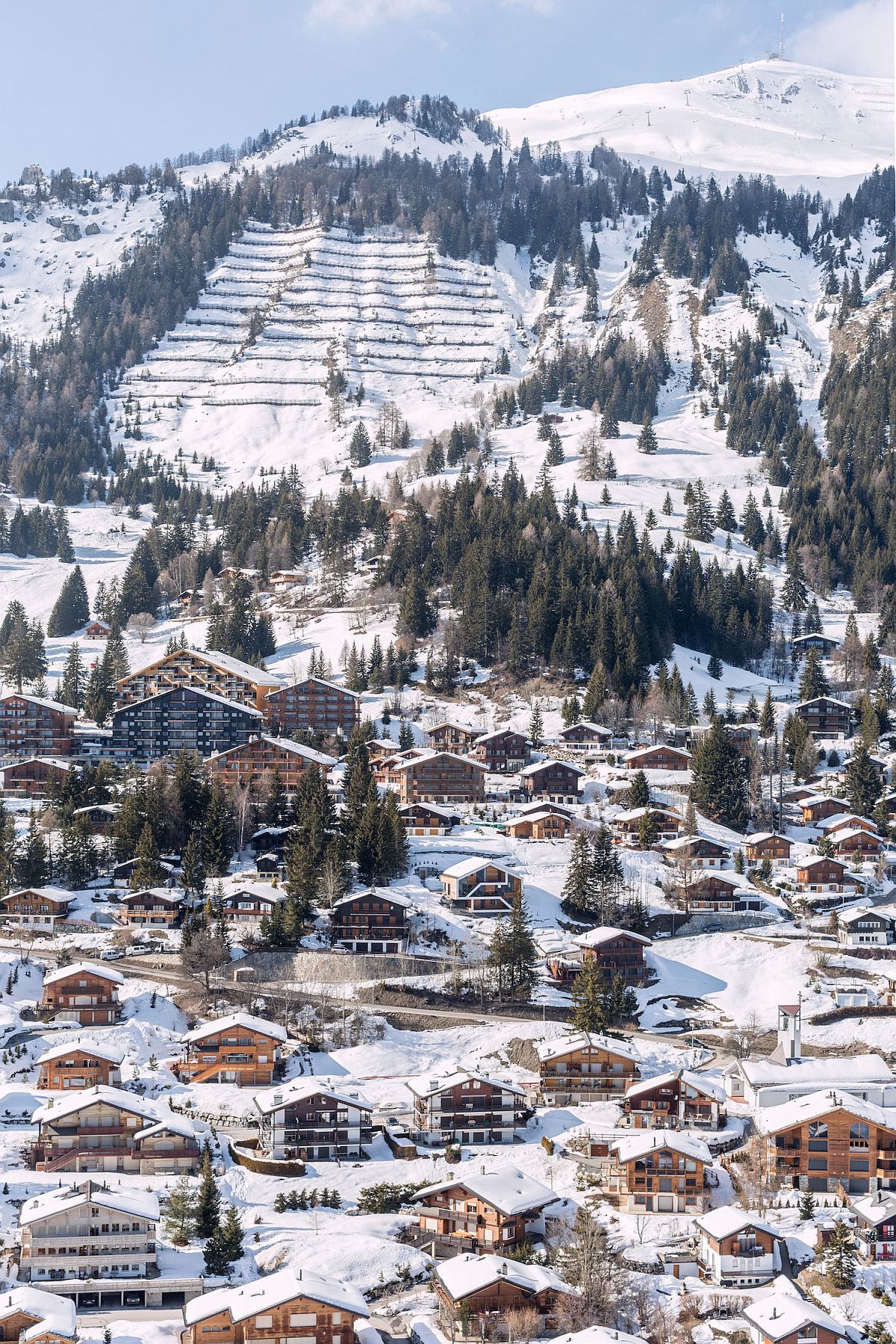 View of the snow-filled slopes with fabulous chalets