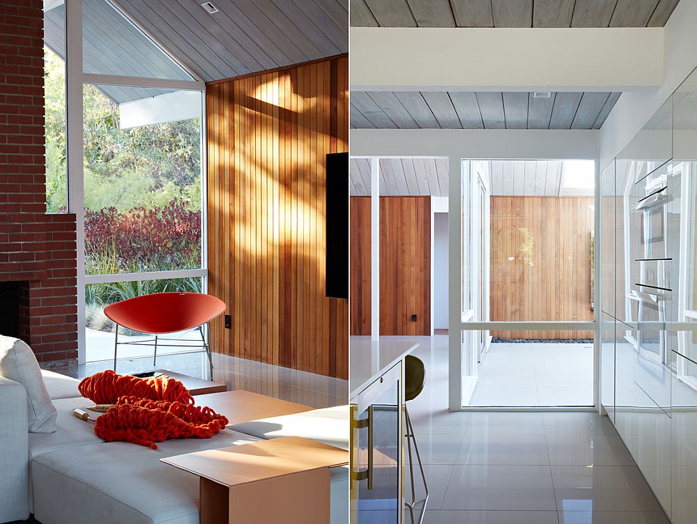 Wooden siding and pops of orange bring contrast to the interior