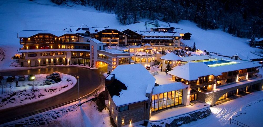 A view of the Stock Resort after sunset