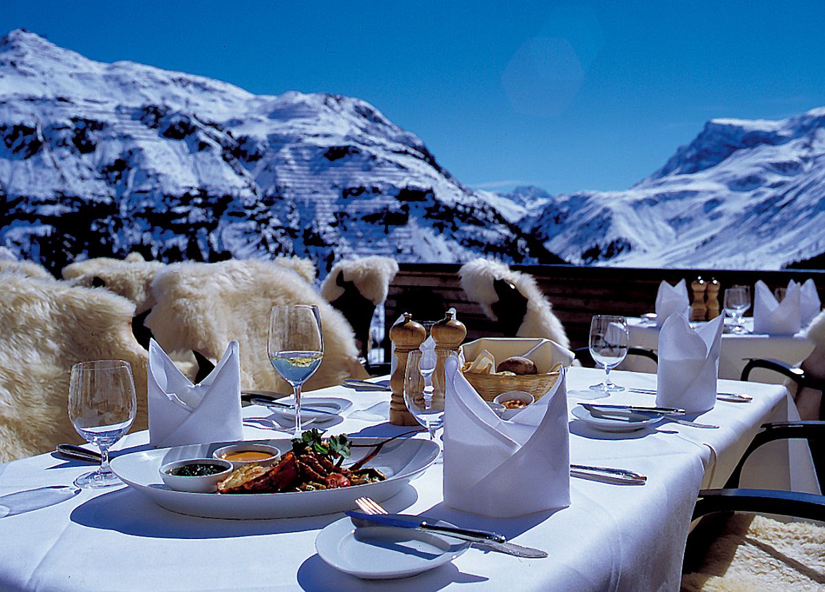 Amazing views of the Alps and snow-covered slopes from the terrace of Hotel Goldener Berg