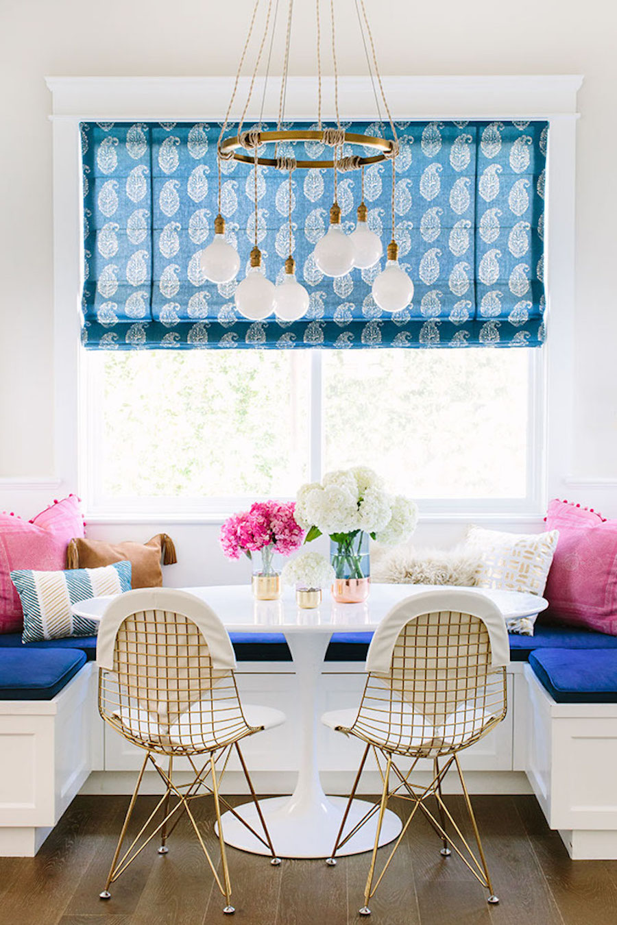 Banquette dressed up in bright and energetic colors