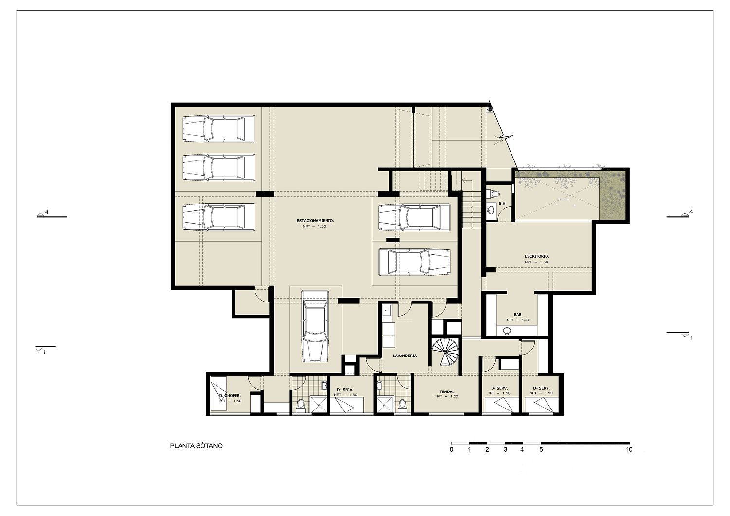 Basement floor plan of House M with ample parking space