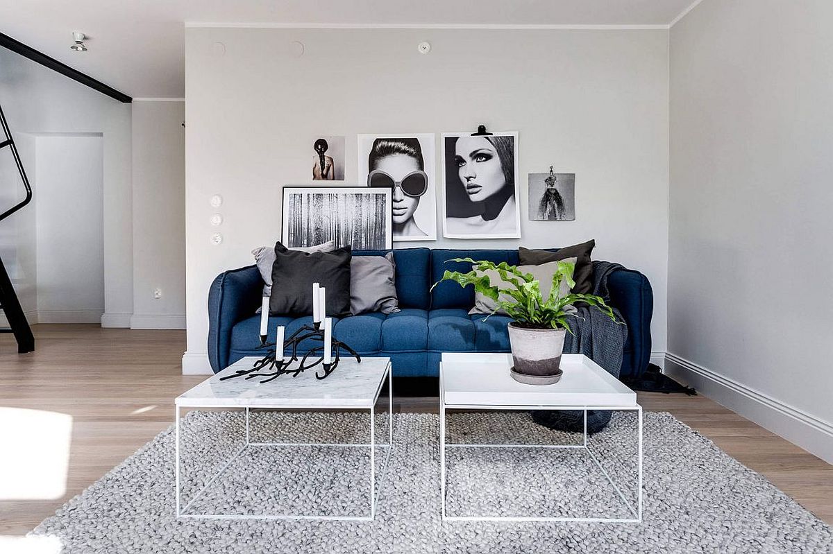 Bright blue couch for the Scandinavian apartment in gray and white