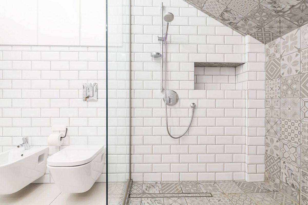 Contemporary bathroom in white and gray with patterned tiles