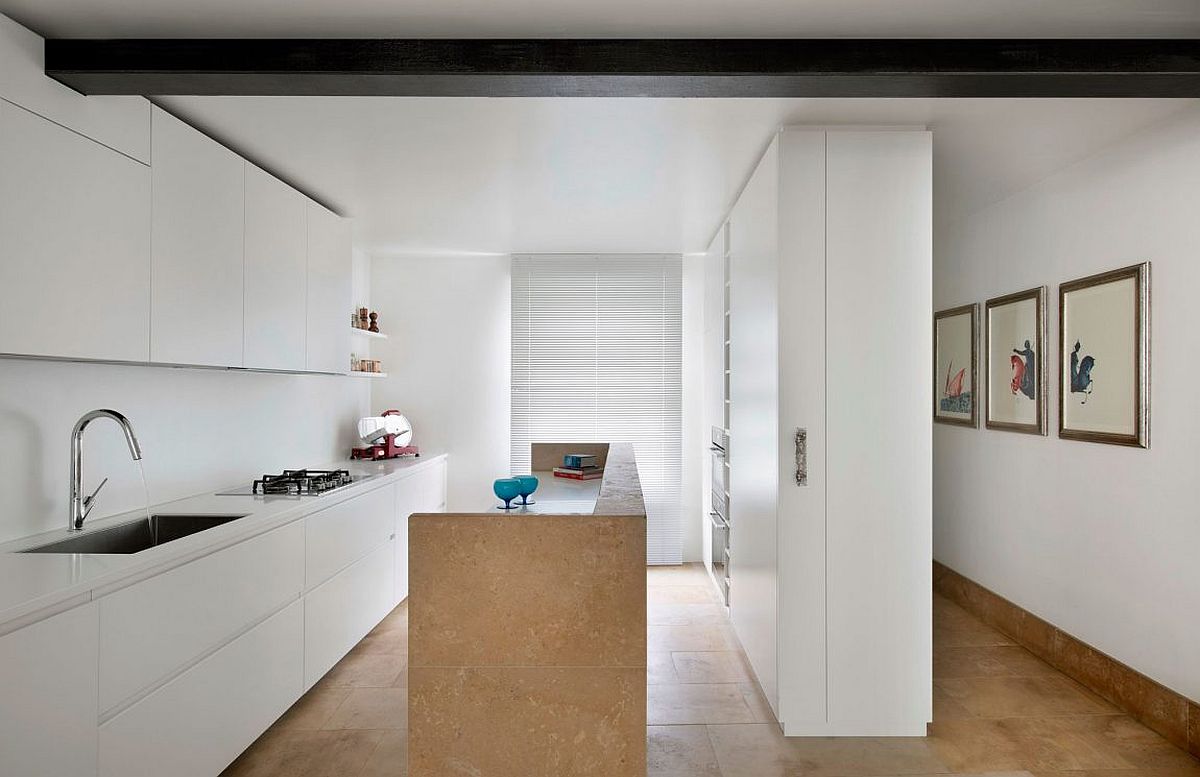 Contemporary kitchen in white with a smart island