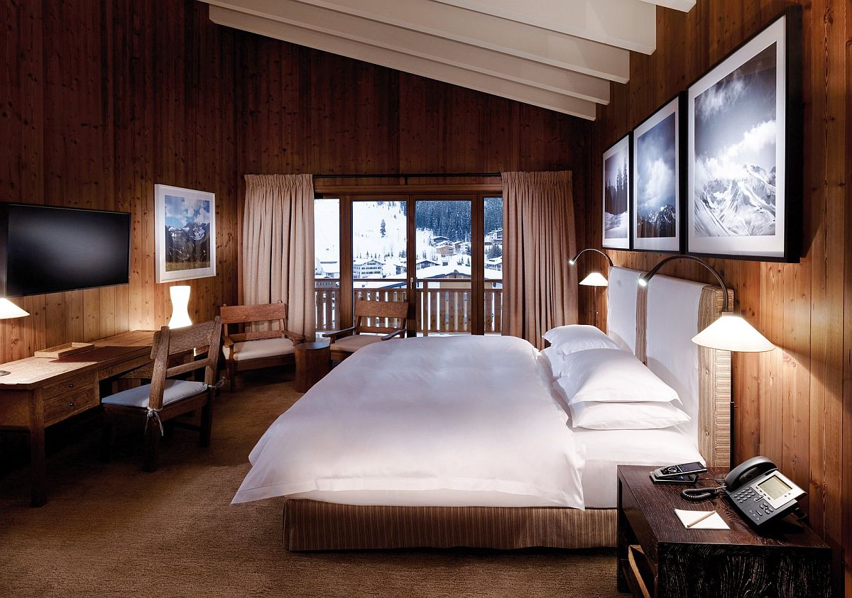Cozy cabin style rooms inside the luxurious Austrian ski hotel