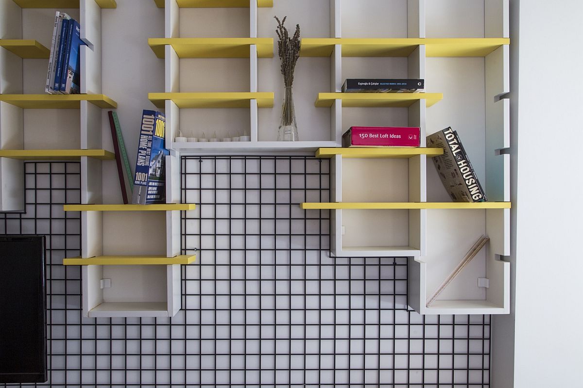 Custom shelves for the modern home office in yellow