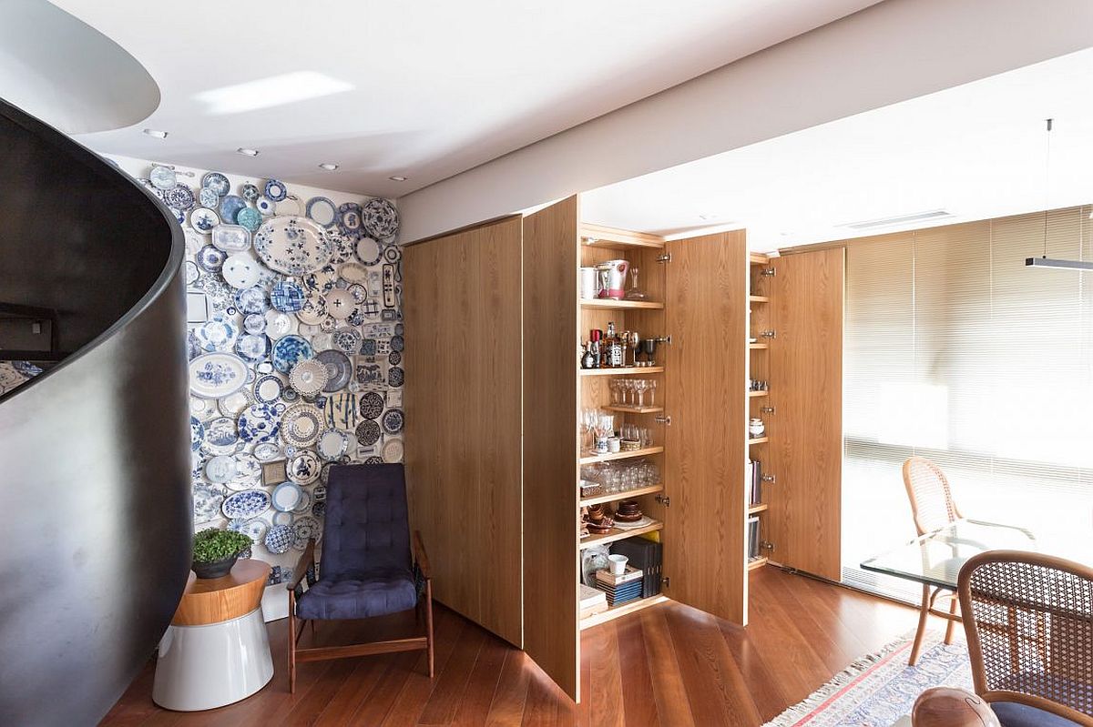 Custom wooden cabinets add storage space to the dining area